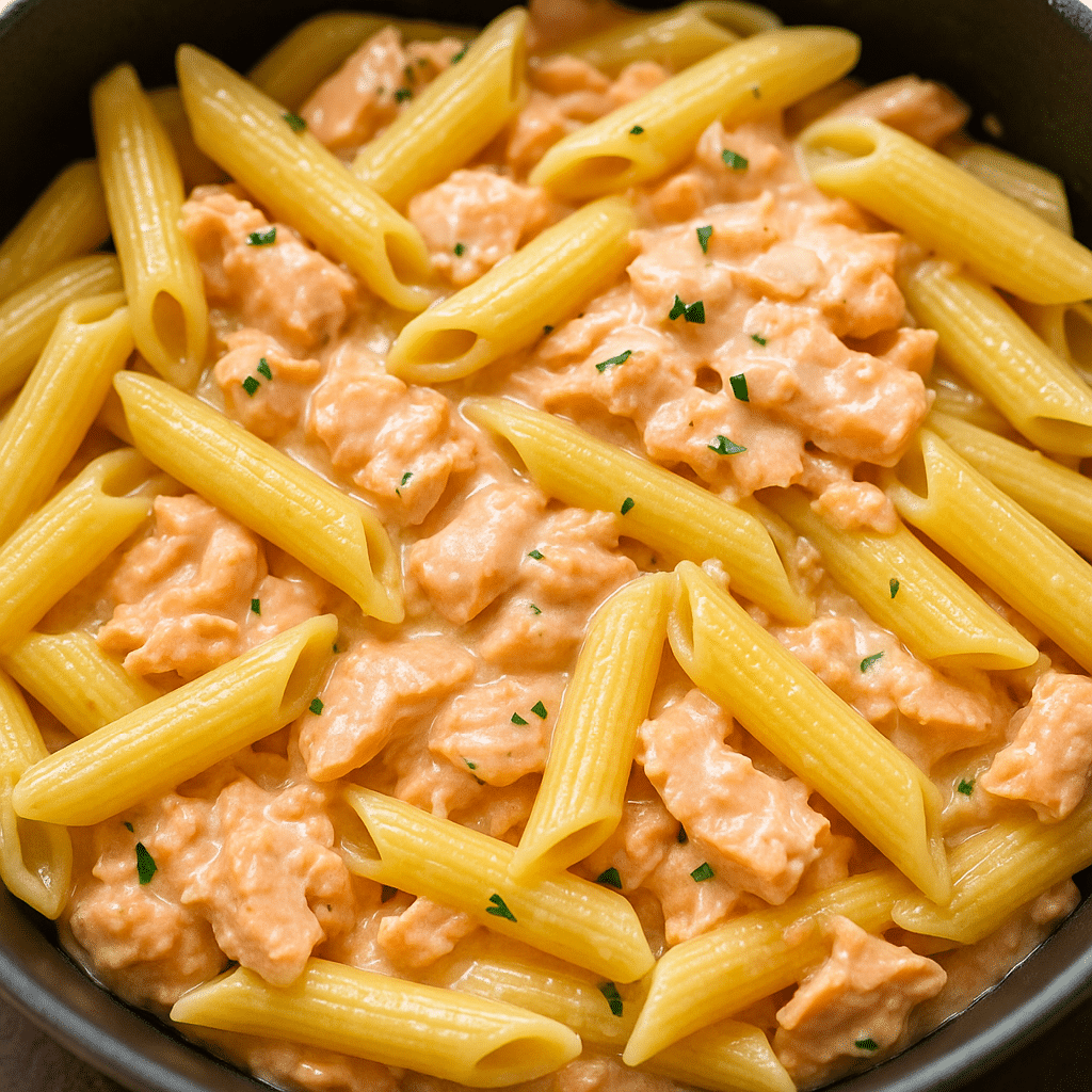 creamy salmon pasta in black plate