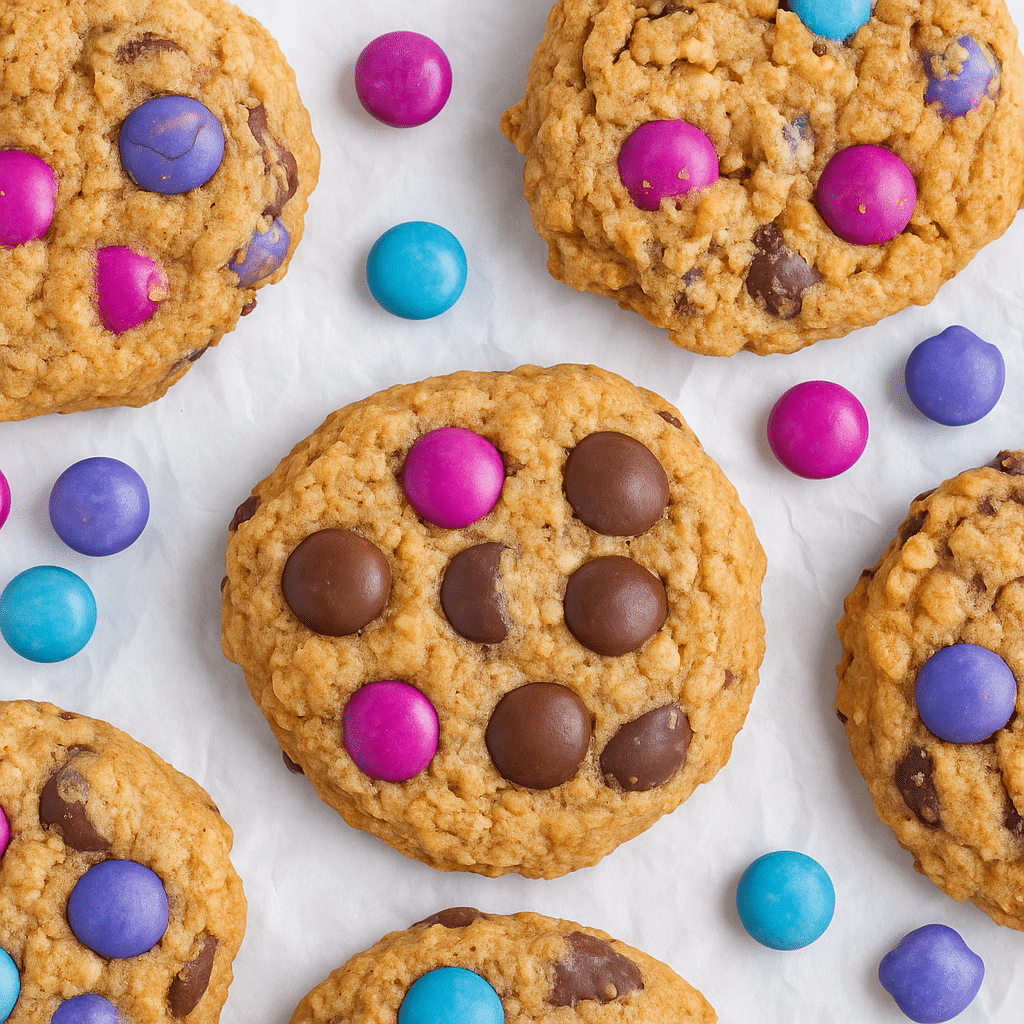 Chewy vegan monster cookies stacked on parchment