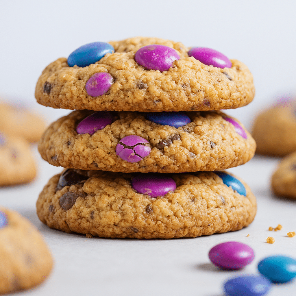 Chewy vegan monster cookies served