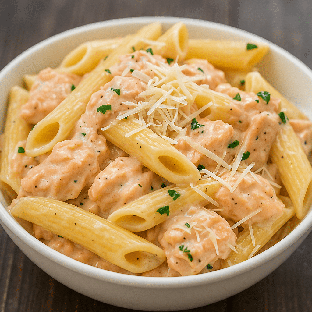 creamy salmon pasta ready to eat