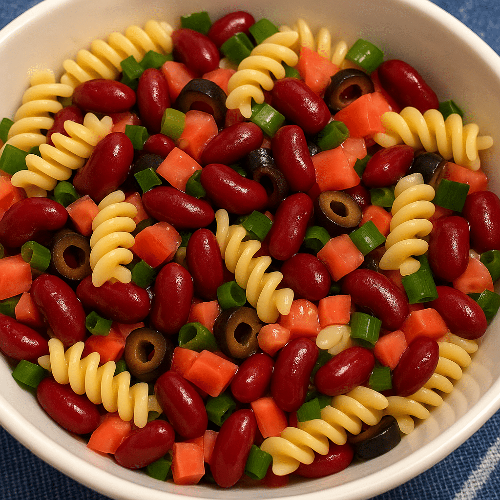 pasta bean salad in a bowl