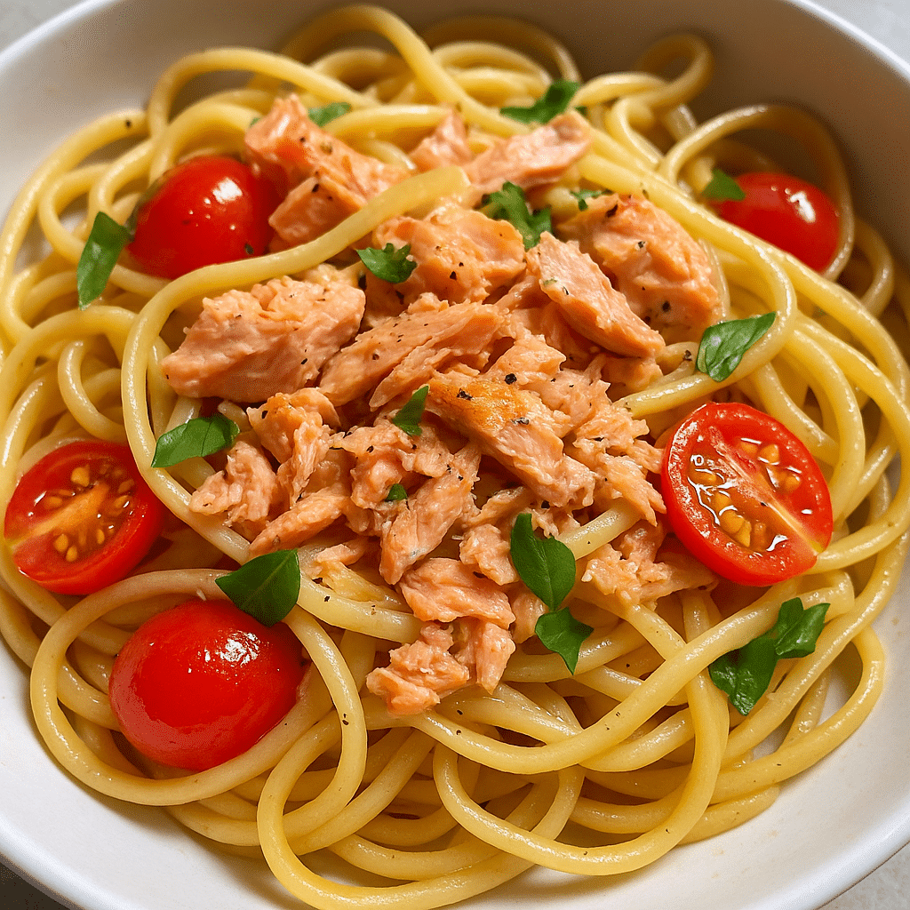 Salmon pasta recipe with linguine, lemon, and herbs