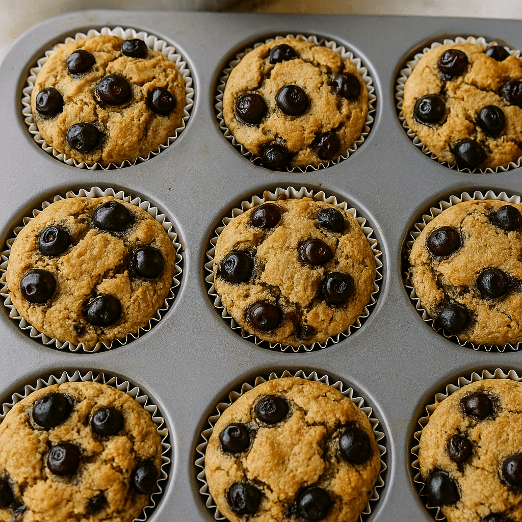 Freshly baked vegan blueberry muffins with sorghum flour in muffin tin