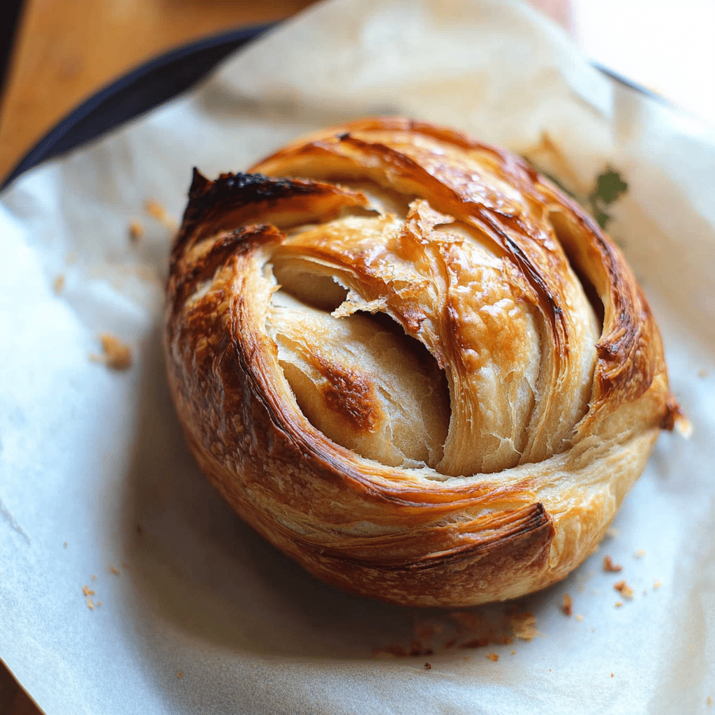 Croissant sourdough loaf with flaky crust on parchment