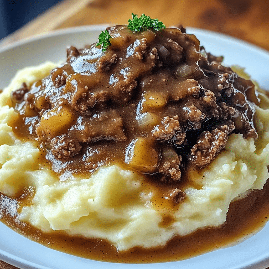 Ground beef and gravy over mashed potatoes on a plate