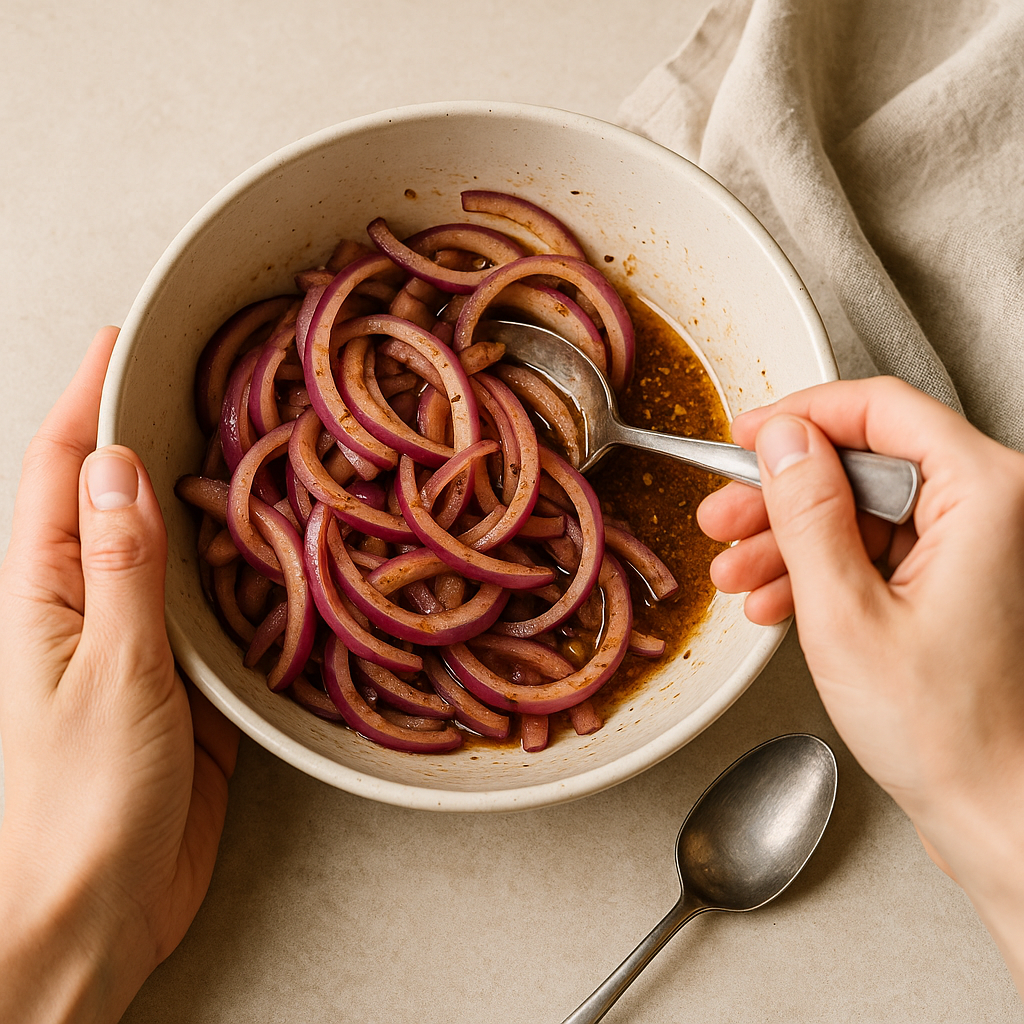 Mixing red onions with marinade