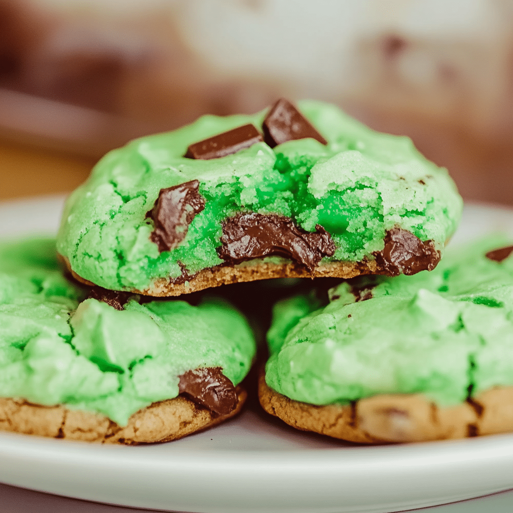 Soft mint chocolate pudding cookies stacked on a plate