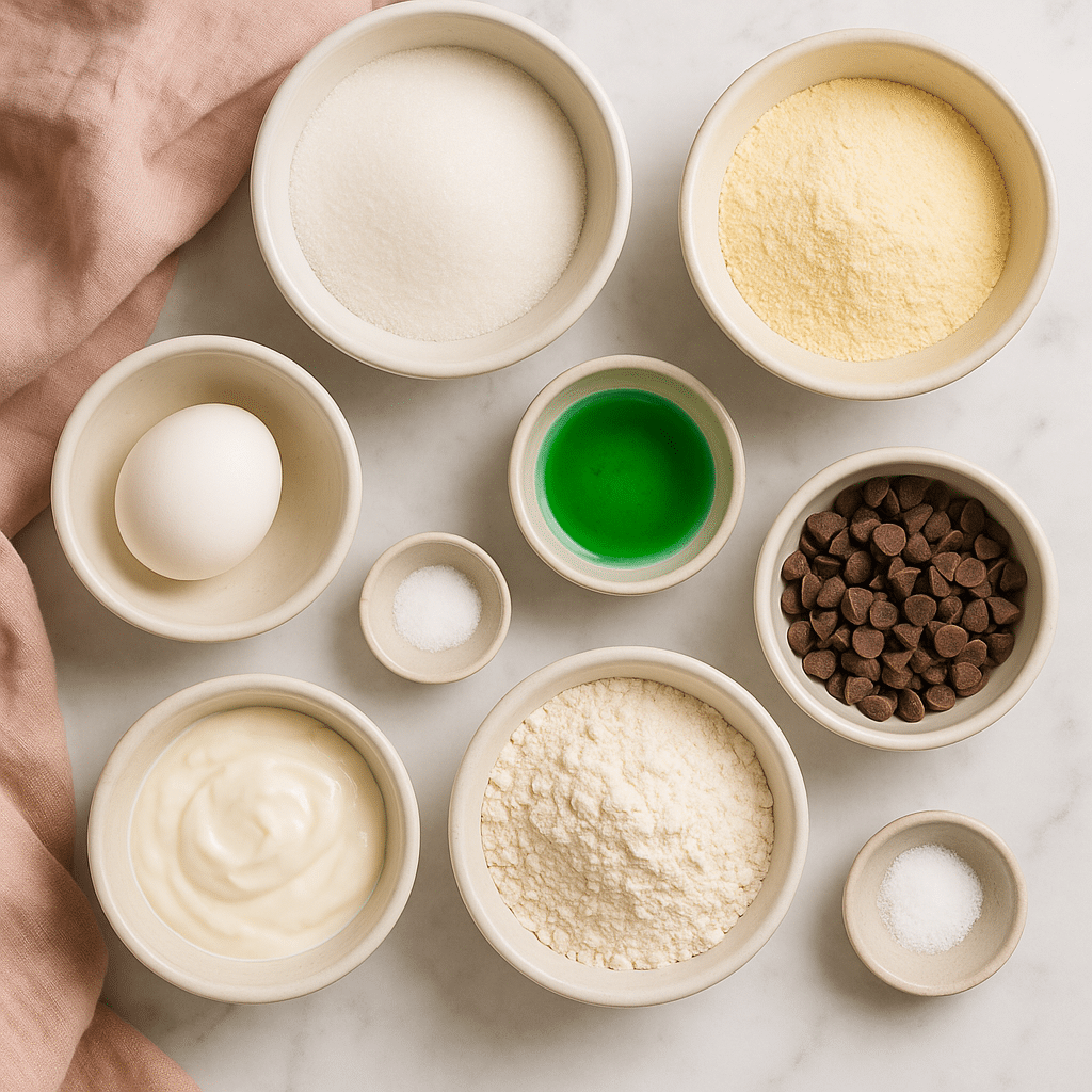 Ingredients for mint chocolate pudding cookies laid out