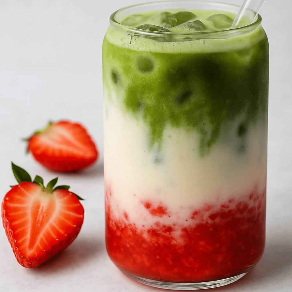 Strawberry matcha latte in clear glass with vibrant layers