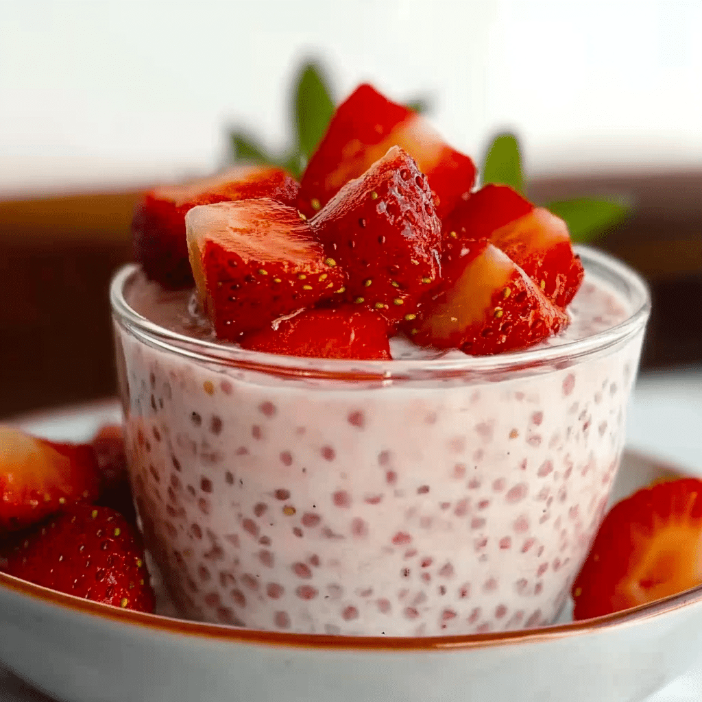 strawberry sago in dessert bowls with mint