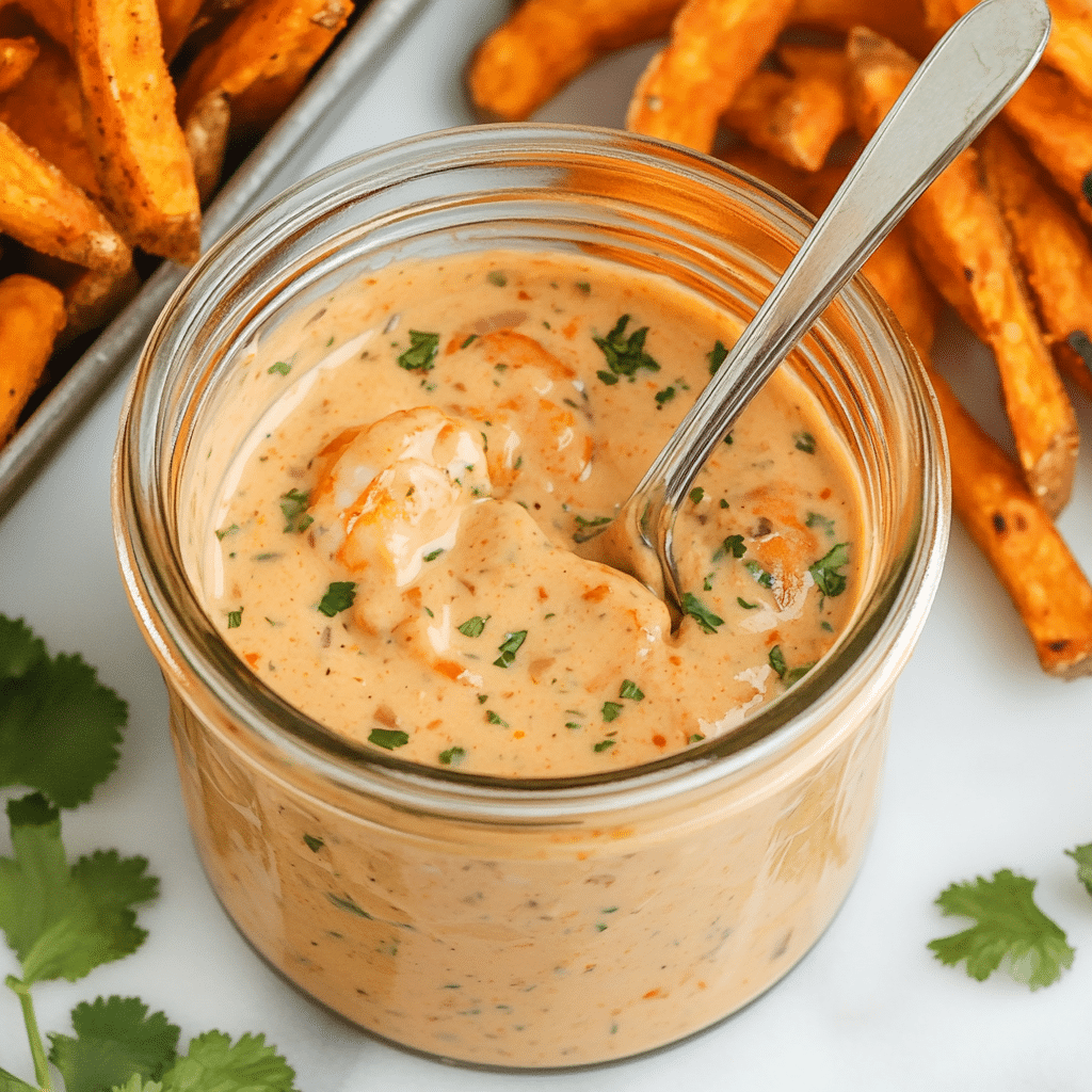 Bang bang sauce recipe in a jar with tacos and fries