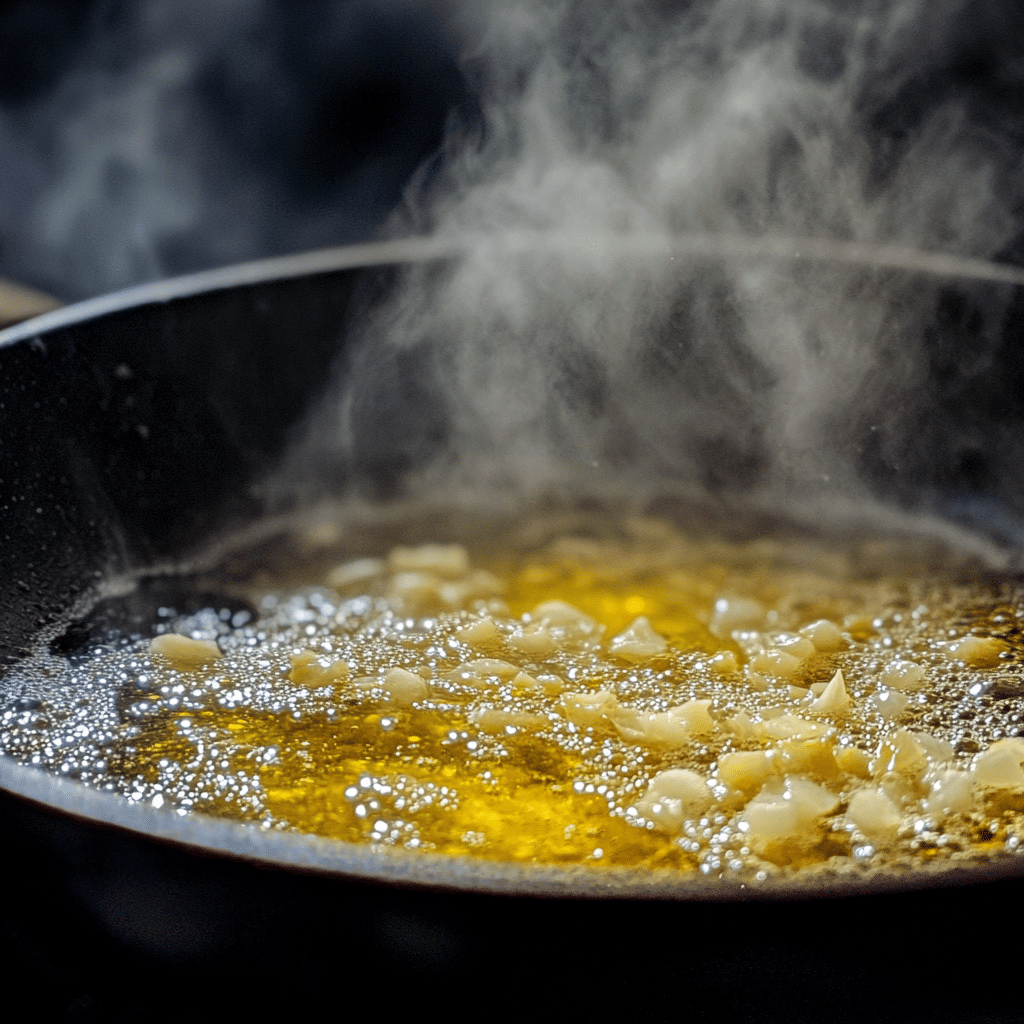 Garlic sizzling in olive oil in a pan