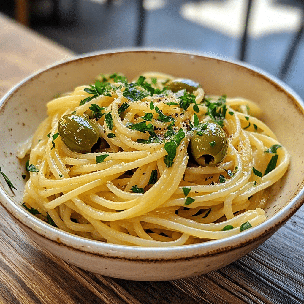 Spaghetti Aglio e Olio with Green Olives and garlic in a ceramic bowl