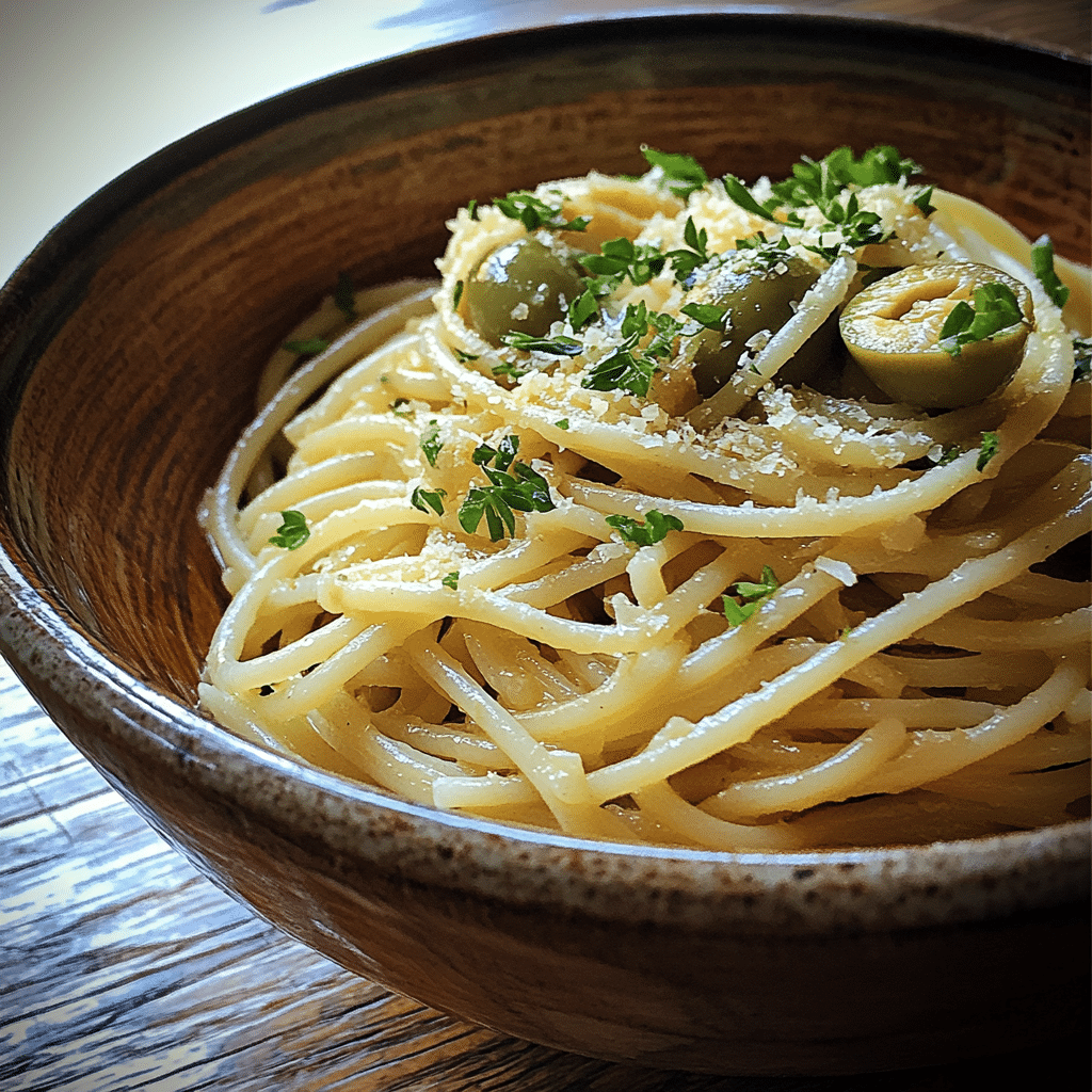 Spaghetti Aglio e Olio with Green Olives and garlic in a ceramic bowl