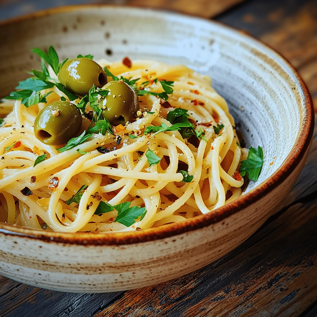 Spaghetti Aglio e Olio with Green Olives and garlic