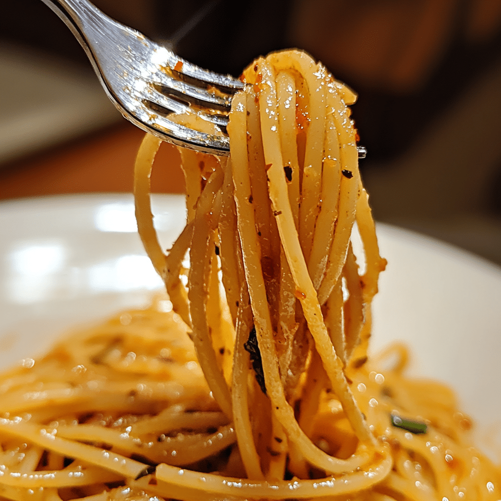 Twirled spaghetti with green olives and oil on a fork
