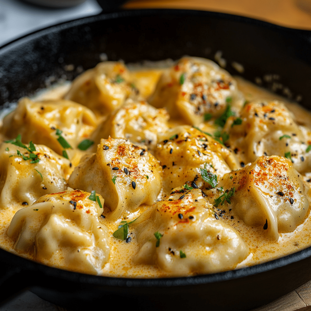 Viral one pan dumplings recipe in a skillet with creamy red curry sauce