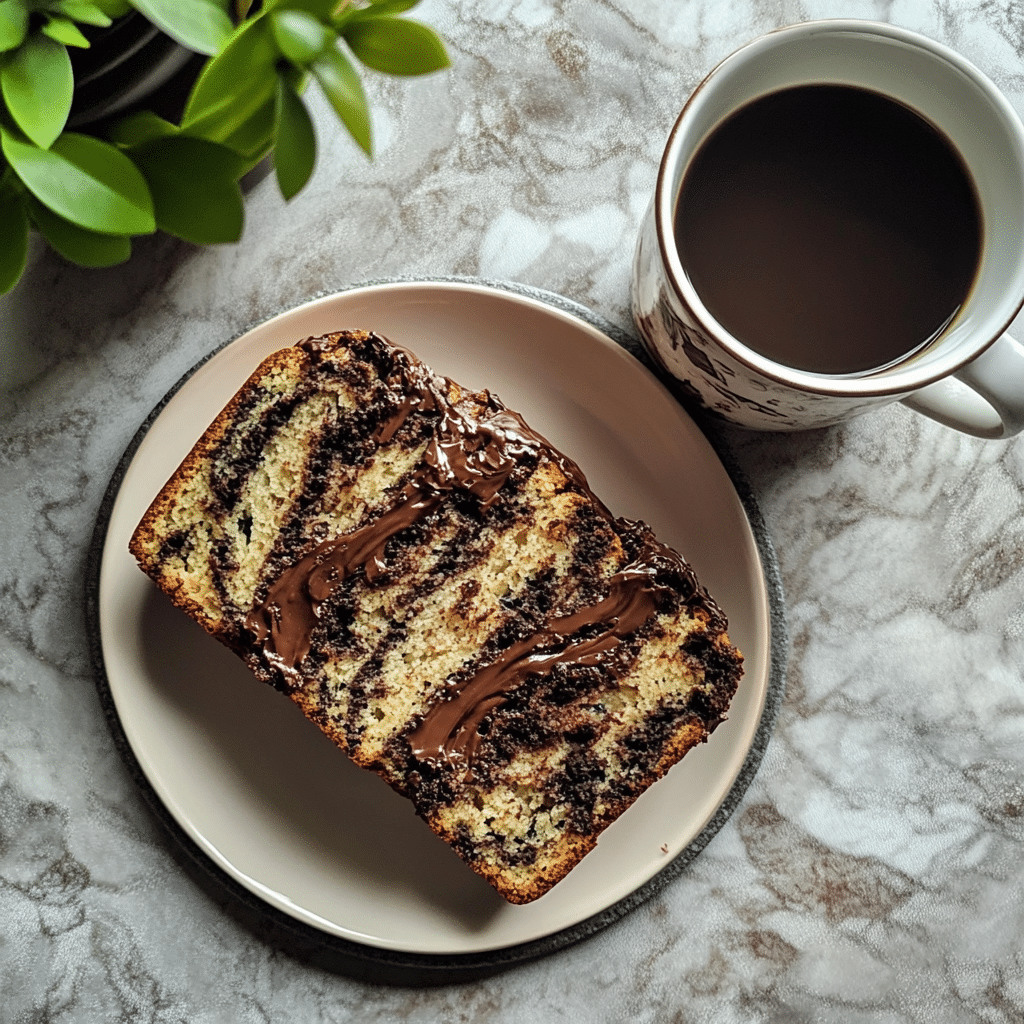 Sliced zucchini bread with Nutella swirl served with coffee