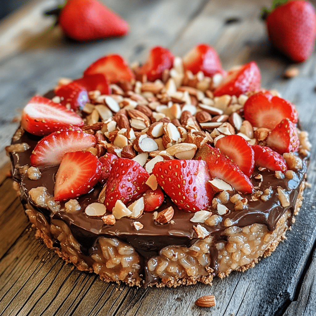 Peanut Butter Chocolate Rice Cake topped with strawberries and almonds