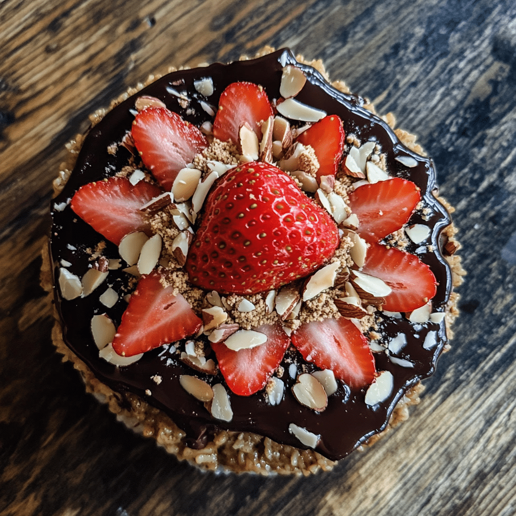 Peanut Butter Chocolate Rice Cake topped with strawberries and almonds