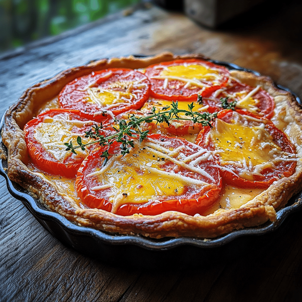Southern Tomato Pie with golden crust and ripe tomatoes