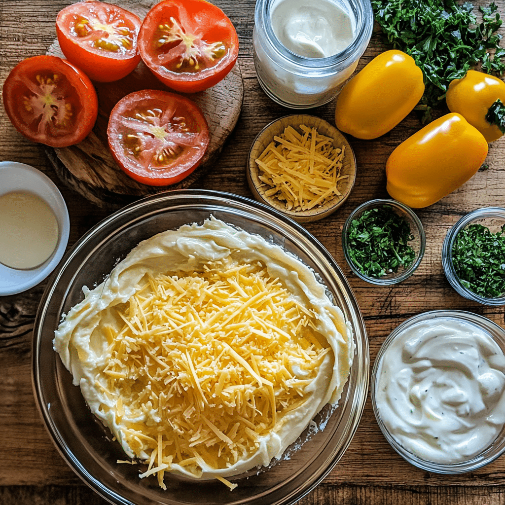 Ingredients for Southern Tomato Pie on kitchen counter
