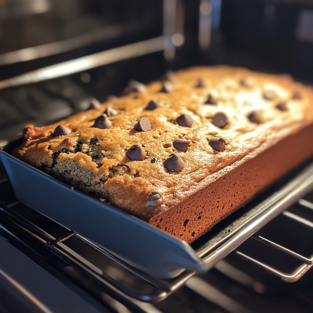 Zucchini bread baking in oven with chocolate chips